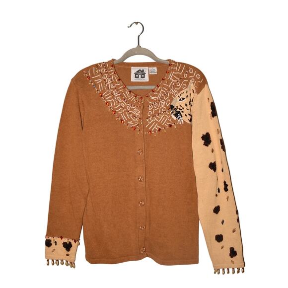 STORYBOOK KNITS $129 Beaded Cheetah Animal Print Cardigan Sweater Small - Picture 1 of 4